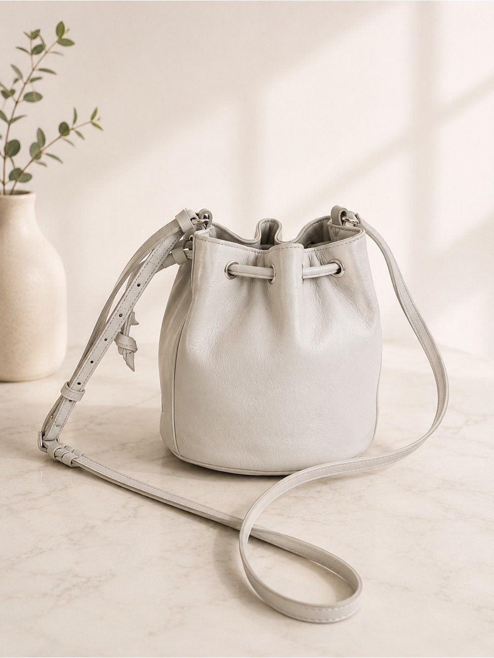 Cole Haan Gray Leather Mini Drawstring Bucket Crossbody Bag Shoulder Purse